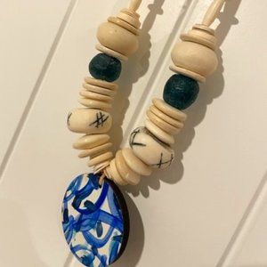 New Blue and Navy Disc and Wooden Beaded Necklace